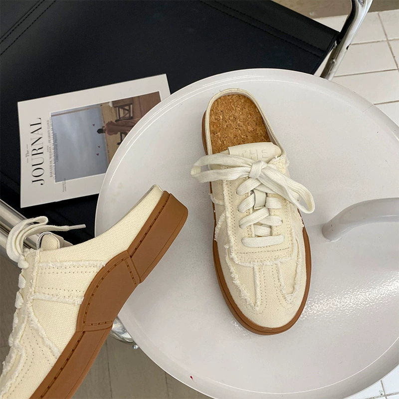 Балетные туфли с плоской подошвой Baotou Half Drag Little White Shoes Female Retro Wearing Moral Training Shoes One Passing Lazy Commuters Casual Canvas Shoes