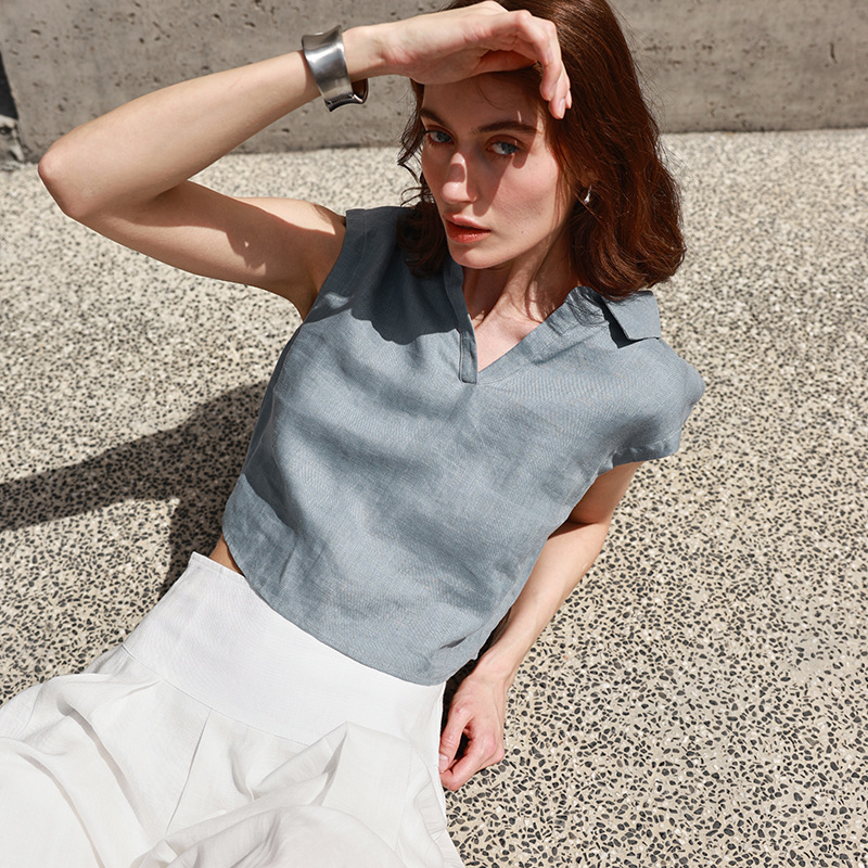 European and American Linen Lapel Shirt Sleeveless Vest Short Shirt Women's Summer Export Simple Work Clothing Classy Blue Top
