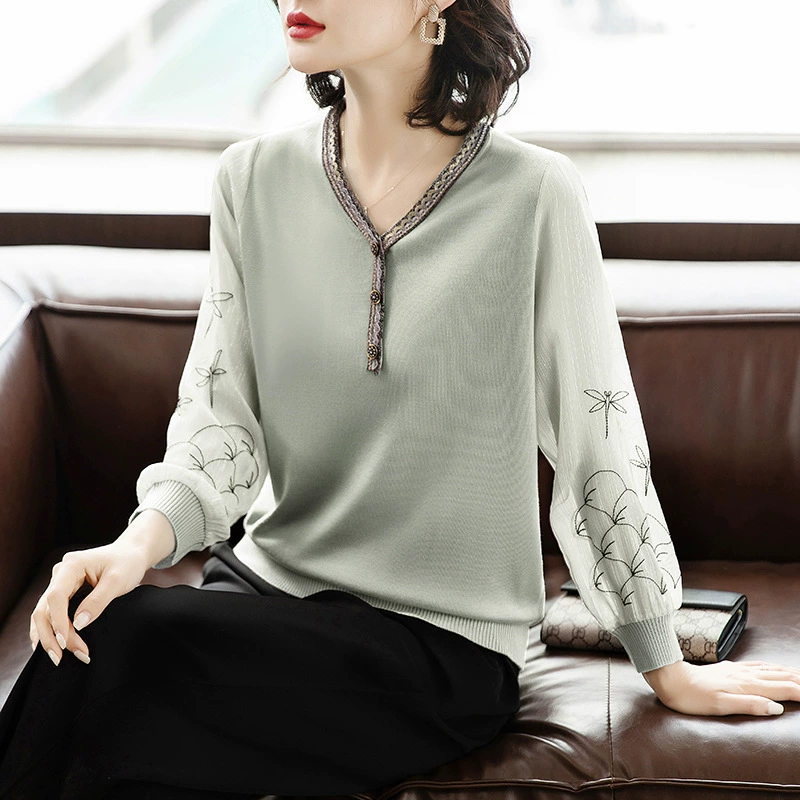 Весенняя одежда топ с тонкими марлевыми рукавами одежда для мам 2024 новая женская одежда среднего и пожилого возраста вязаный костюм-рубашка в западном стиле