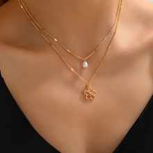 欧美跨境时尚清新甜美简约气质双层花朵珍珠项链优雅吊坠时尚百搭