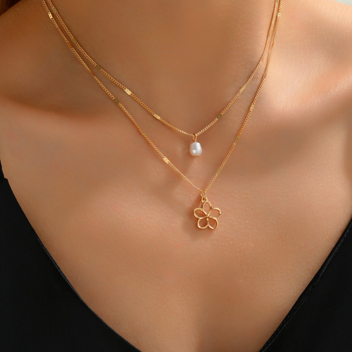 欧美跨境时尚清新甜美简约气质双层花朵珍珠项链优雅吊坠时尚百搭