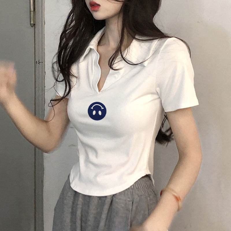 Design Sense Sweet Polo Collar Slim-fit Top French Niche High Waist Pure Style Slim-fit Short T-shirt for Women