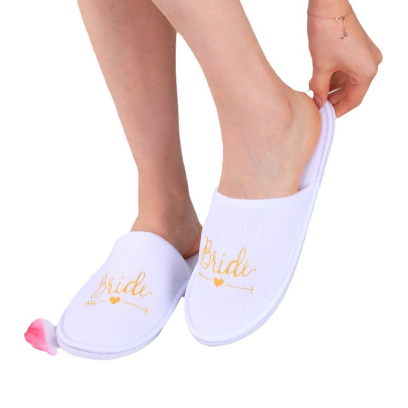 Nuevo viaje casero boda novia zapatillas de lana de coral desechables lavable letras inglesas