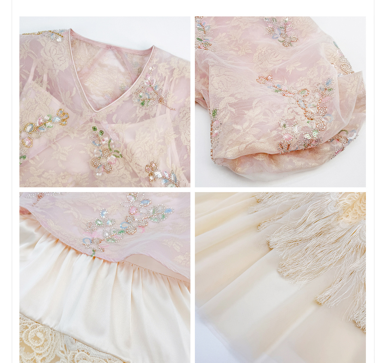 Đầm maxi nữ thắt eo họa tiết hoa thêu phong cách tân cổ điển hai dây — màu hồng chi tiết 16