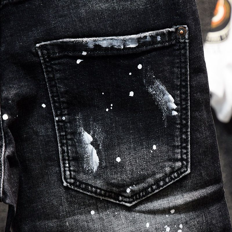 Men's Slim Fit Denim Shorts Trendy Stylish Spray Paint Ripped Patched Black Stretch Summer Five Point Pant_mkmklike.com