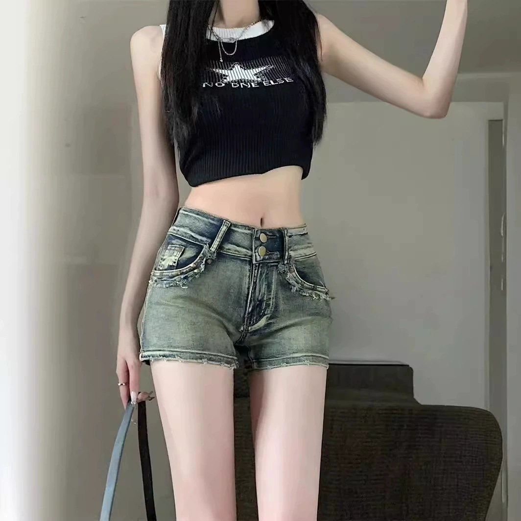 Джинсовые шорты, женский весенний дизайн, подчёркивающий бёдра, приталенный крой, морской синий (S–XL)