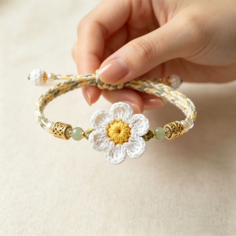 European and American fashion popular forest-style handmade crochet white daisy and sunflower flower bracelet, versatile for everyday wear European and American fashion popular forest-style handmade crochet white daisy and sunflower flower bracelet, versatile for everyday wear