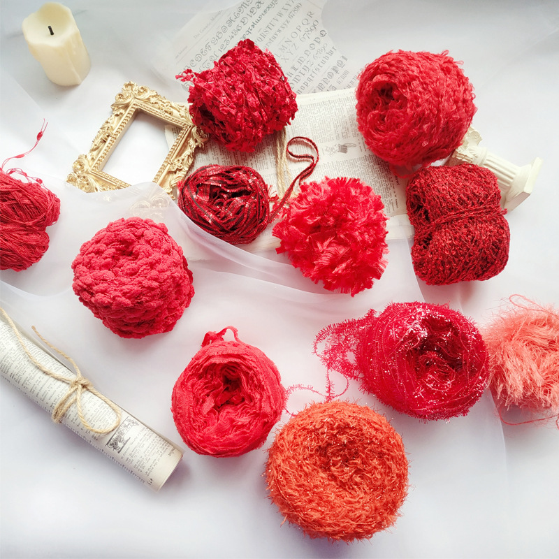 红色系单线混线配线小香风编织线装饰线马海豆豆圈圈特色勾编毛线