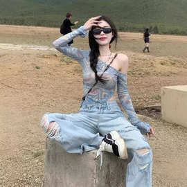 不规则露肩晕染防晒罩衫上衣女夏季修身紧身辣妹纯欲斜肩网纱t恤