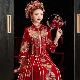 现货秀禾服修身丝绒新款中国风秀和服结婚新娘礼服婚纱中式红嫁衣