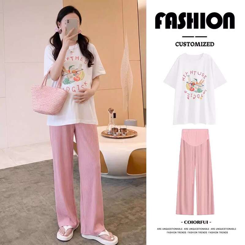 Pregnant Women's Sweet White Short-Sleeved T-Shirt Summer Loose Pregnancy Top Casual Pink Wide-Leg Pants Two-Piece Set