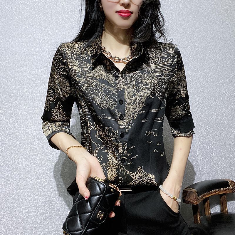 长袖衬衫女2025春季新款修身显瘦韩版印花高级感缎面上衣气质衬衣|undefined