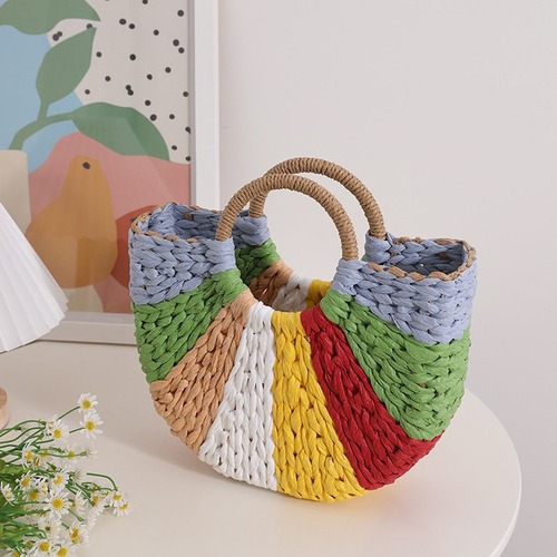 Half-moon rainbow hand-held grass bag woven bag new color clash hand-held grass-woven bag Bali vacation beach bag for women