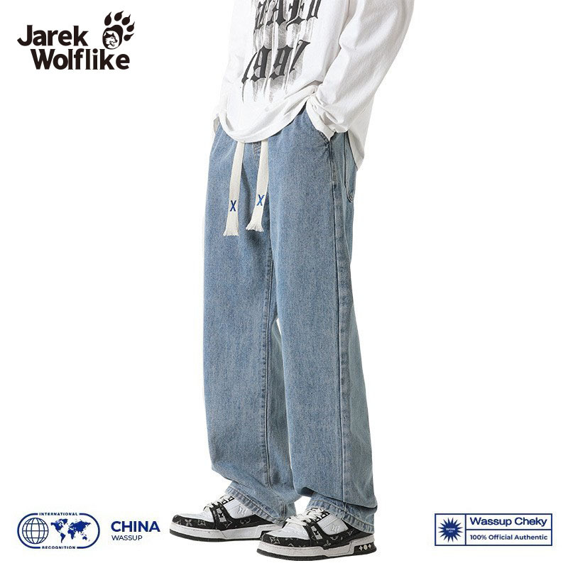 哨兵狼爪美式复古长裤纯色百搭男士潮流抽绳宽松直筒阔腿牛仔裤男