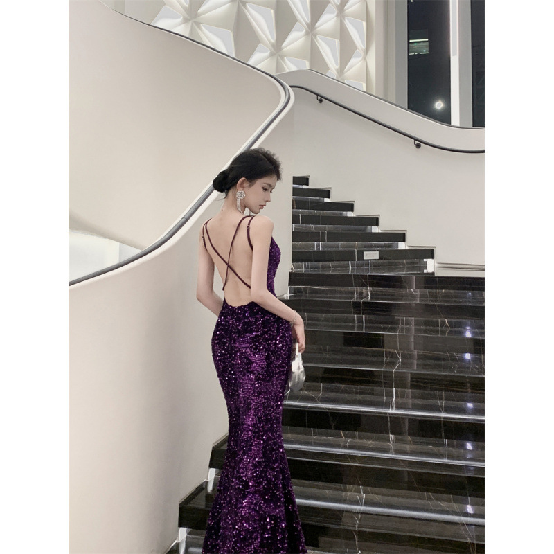 2024 Hong Kong Star Return Purple Sequin Cross Backless Super Long dress Dress