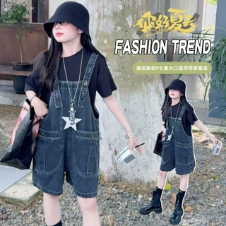 牛仔背带短裤女童夏2026新款韩版学生减龄吊带连体裤短袖套装跨境