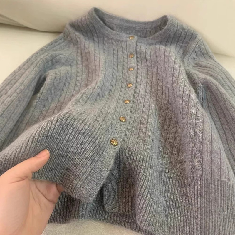 Autumn and Winter New Grey Twist Small Gold Button Knitted Cardigan Wool Women's Korean Style Lazy Style Short Sweater Jacket