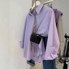 紫色纯棉长袖衬衫女春秋法式小个子气质防晒宽松衬衣百搭外套上衣
