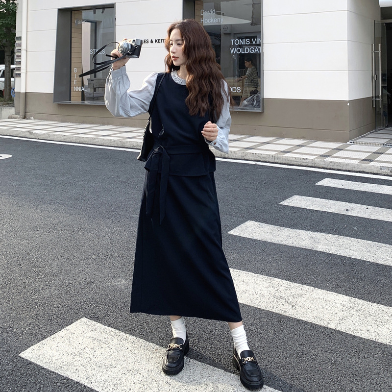 深蓝色假两件拼接上衣半身裙套装女2025秋季新款时尚名媛风两件套|undefined