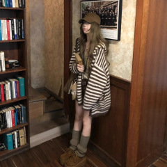 韩系慵懒风咖色条纹连帽毛衣外套女秋冬高级感中长款针织卫衣开衫