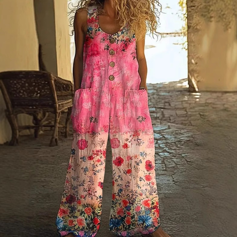 Amazon European and American Cross-Border New 3D Digital Printing Women's Vest with Flap Pocket Pants Fashion Floral Jumpsuit