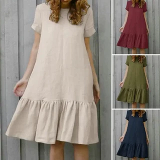 跨境新款外贸女装宽松显瘦短袖圆领棉麻衬衫裙夏季纯色气质连衣裙