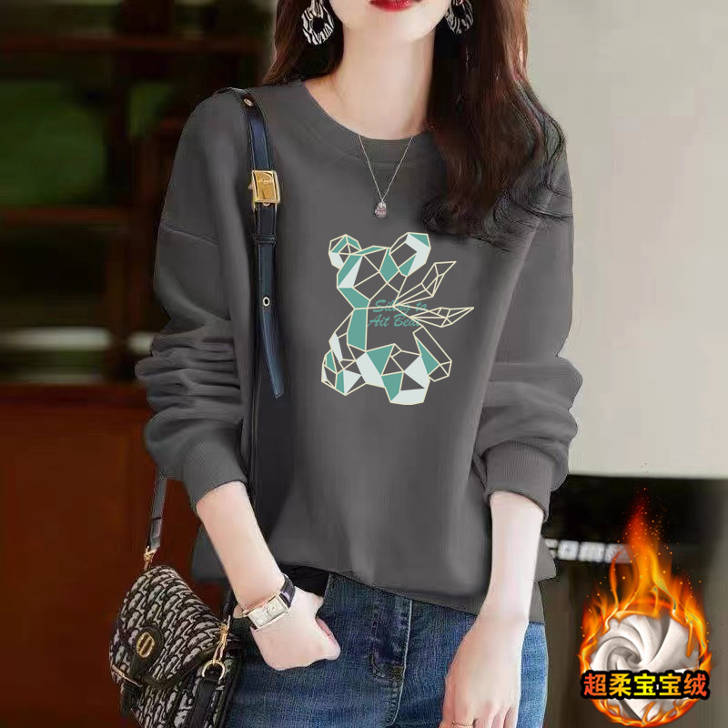 外贸清仓捡漏剪标原单纯棉加绒加厚印花上衣女休闲显瘦长袖卫衣冬