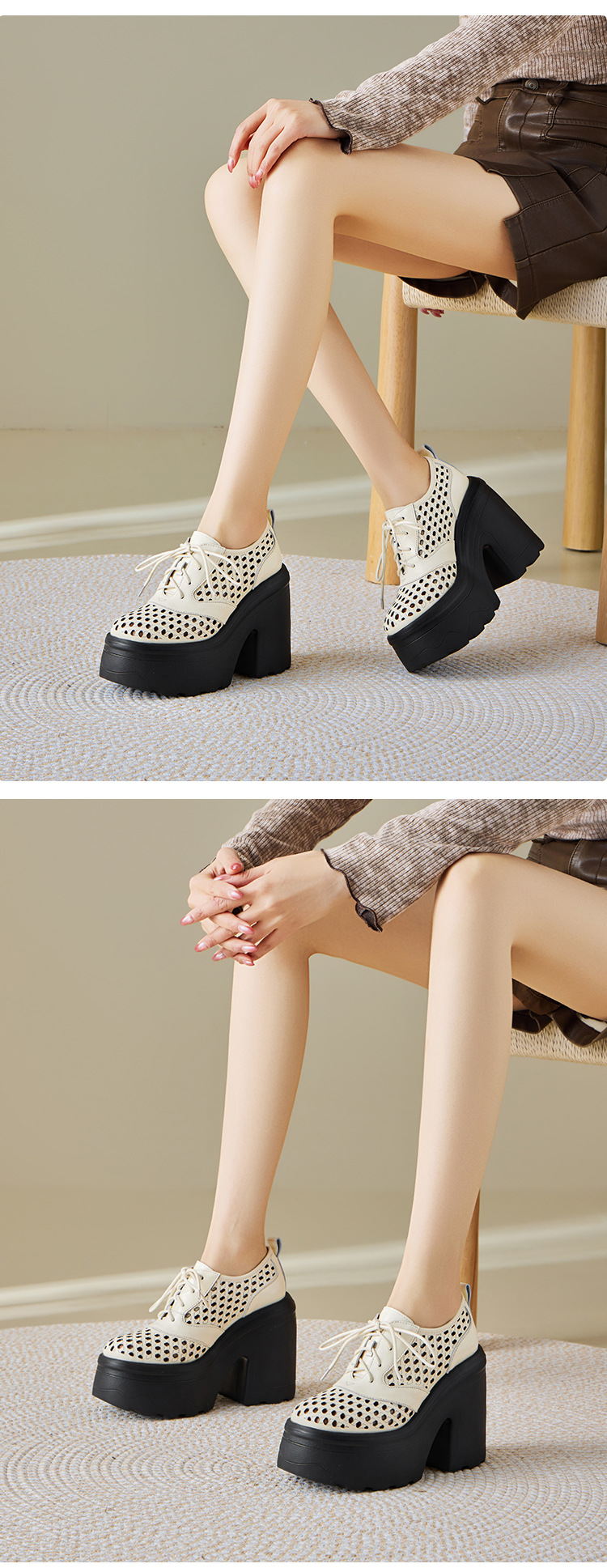 Giày cao gót nữ phong cách Anh quốc, gót vuông 12 cm, mũi hở, thoáng khí — màu đen chi tiết 6