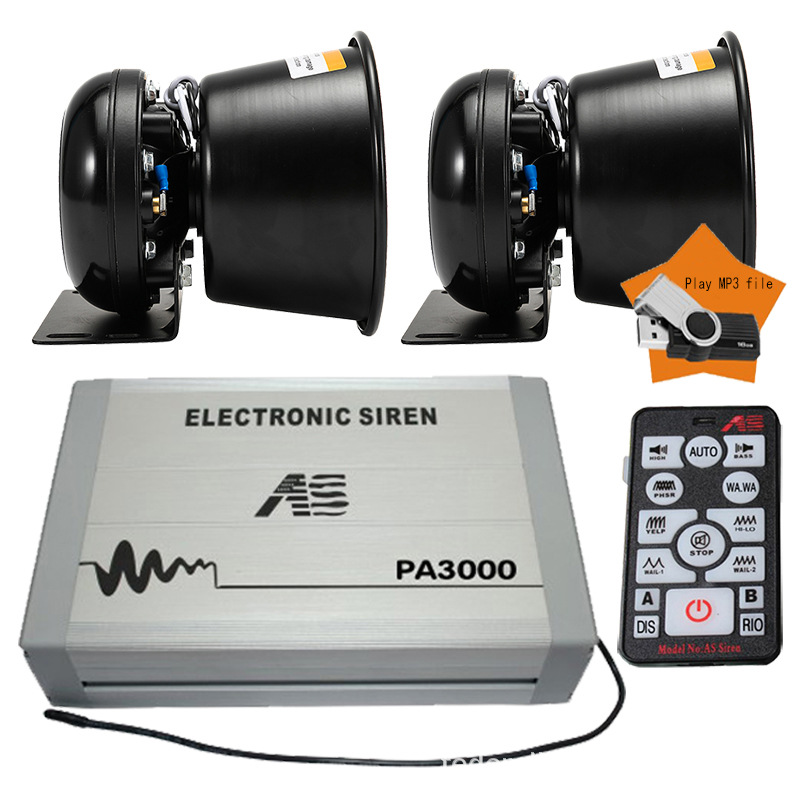 12V Car Electronic Alarm PA3000E Loudspeaker Remote Control MP3 High-Pitched Car Siren + Square Mouth Speaker