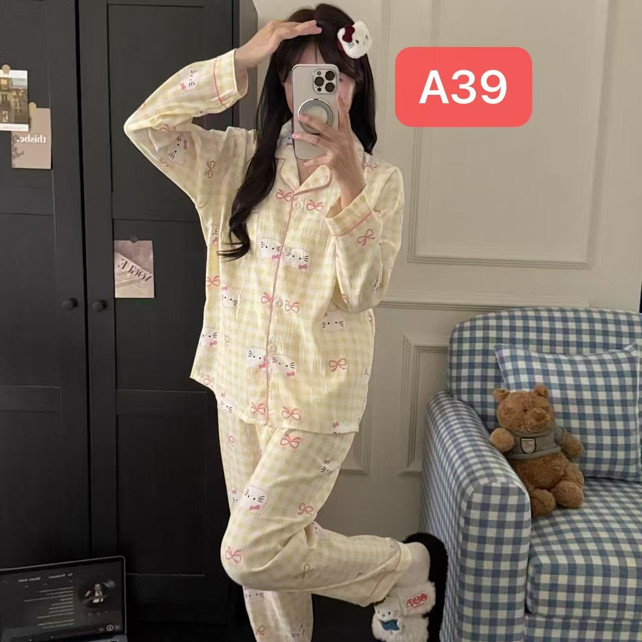 Algodón nublado al por mayor transfronterizo nuevo pijama de niña pantalones de manga larga delgados dulces dibujos animados impresión de ropa para el hogar set