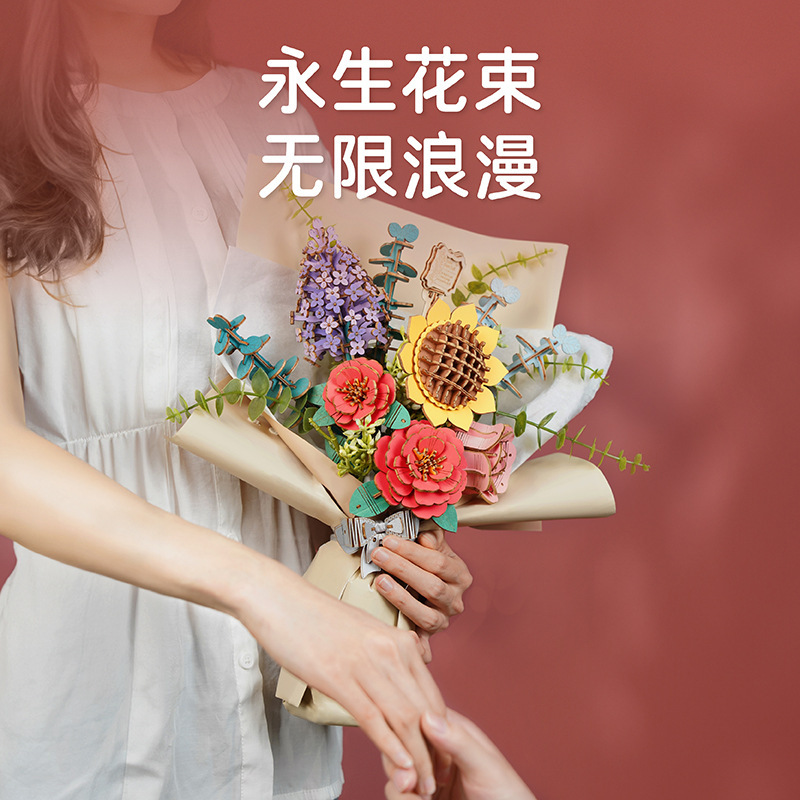Ruwu Ruoke Wood Art Bouquet DIY Handmade Building Block Ornament Flower Puzzle Adult Version Birthday Valentine's Day Gift