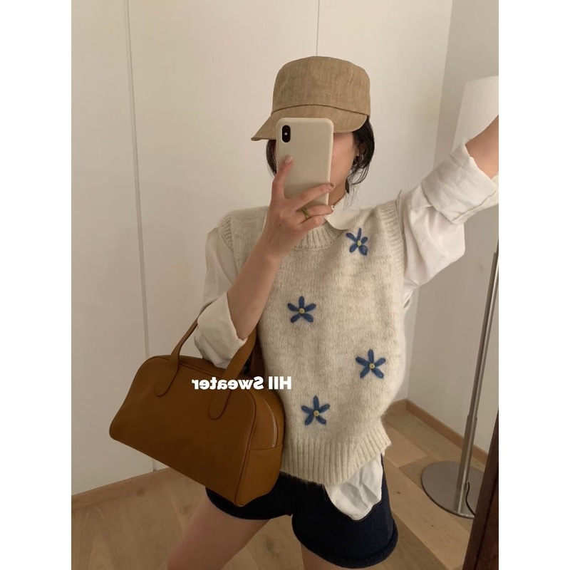 韩系甜美手工立体刺绣小花针织马甲上衣女秋冬款百搭圆领毛衣背心|undefined