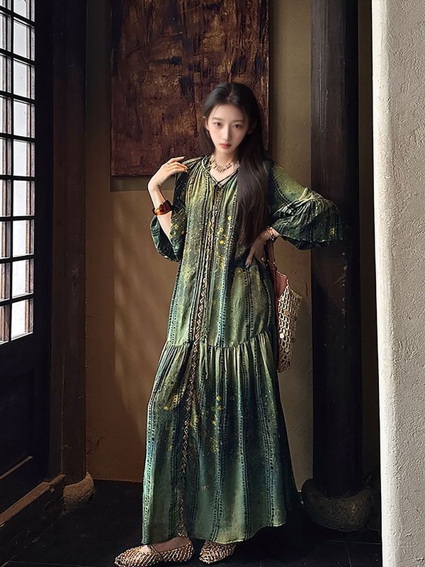 2025 中国風の新しい中国風の女性のプリントランタンスリーブスマッジスカート気質ルーズな新しいドレス N7015|undefined