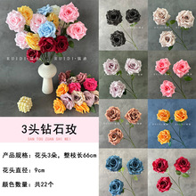 仿真花3头钻石玫玫瑰花婚礼礼堂布置背景墙装饰跨境外贸人造假花