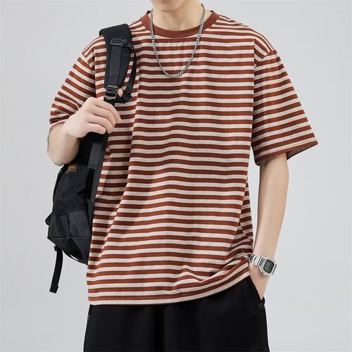 Striped pure cotton versatile niche design light mature style short-sleeved T-shirt handsome Korean style casual tops
