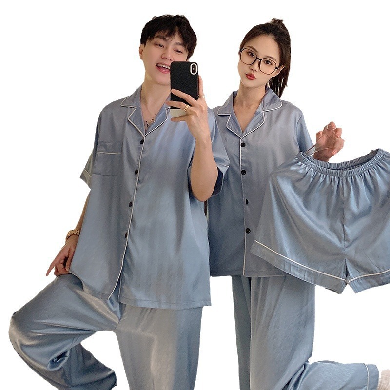 Pajamas de pareja de letras de alto sentido primavera y verano de seda de hielo pantalones de manga corta de tres piezas set de ropa de casa de verano