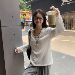 宽松休闲慵懒叠穿防晒罩衫微透上衣女白色U领微透罩衫长袖T恤女