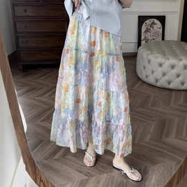 夏至·印象”晕染感植绒印花 A字蛋糕塔式半身裙伞