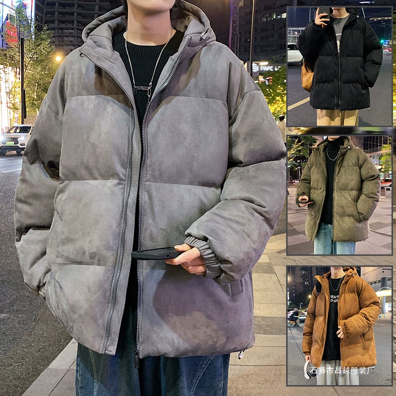 Зимний новый замшевый хлопчатобумажный мужской свободный теплый топ утолщение поддельные два мужских хлопковых пальто с капюшоном
