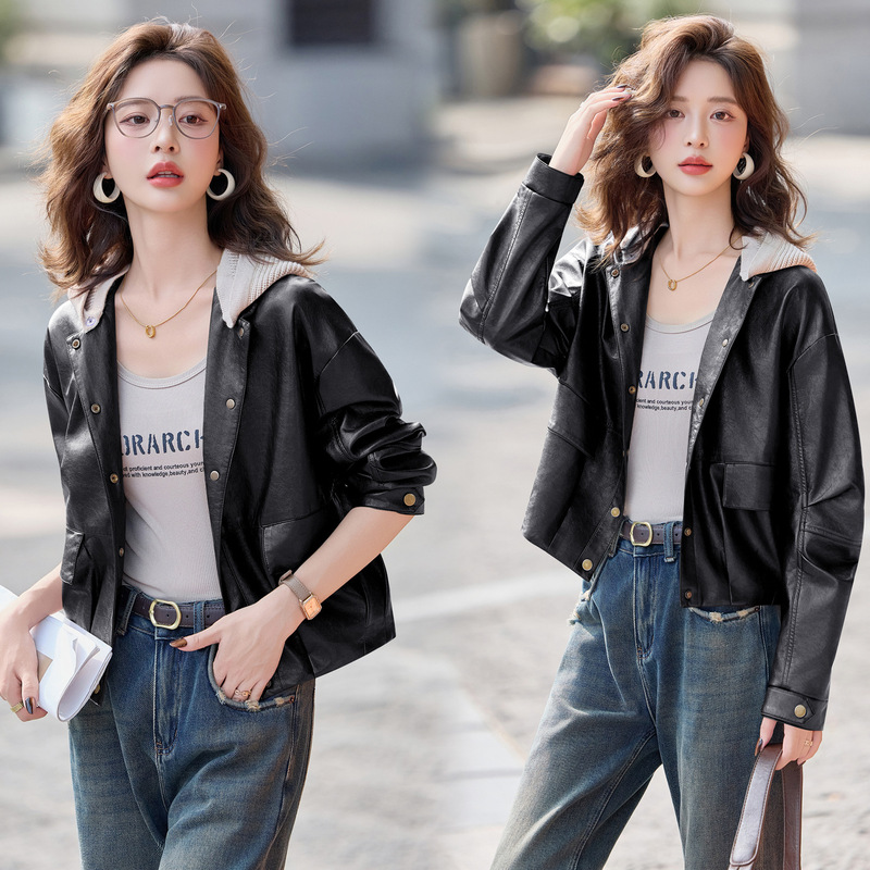 Counter Sheepskin Leather Jacket Women's Short 2025 New Fashion Hooded Design Leather Jacket Women's Age-Reducing Jacket