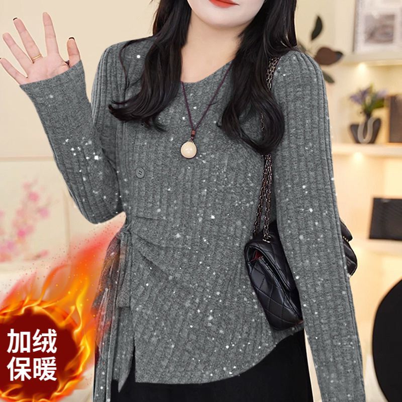 Elegant Waist-Cinching Fleece-Lined Tie-Neck Knit Sweater with Regular Shoulders, Warm for Autumn and Winter, Featuring Irregular Sequins, Stylish and Fashionable Slim-Fit Top