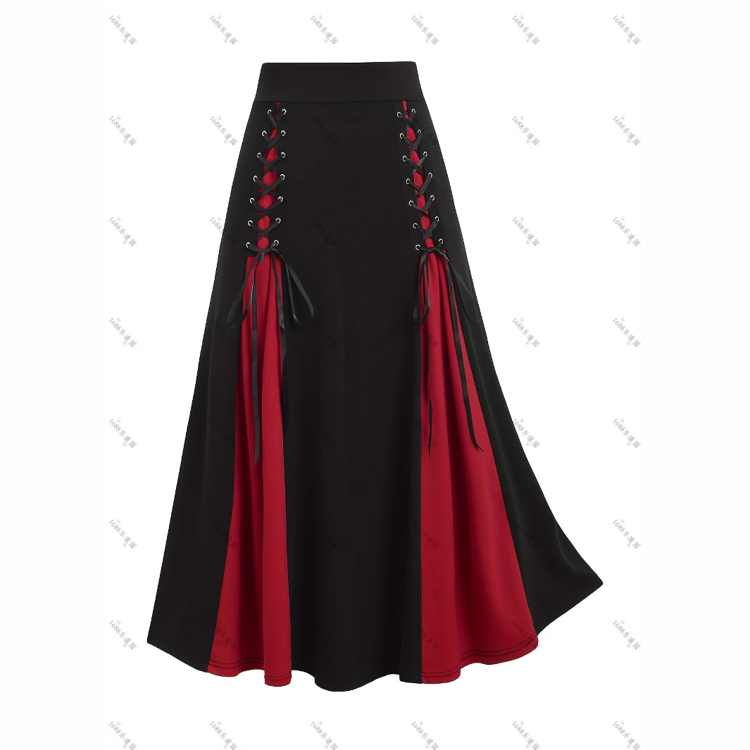 European and American Fashion Plus Size Women's Plus Size Skirt Color Matching Buttonhole Lace-Up High Waist A-Line Skirt Lace Splicing Western Style