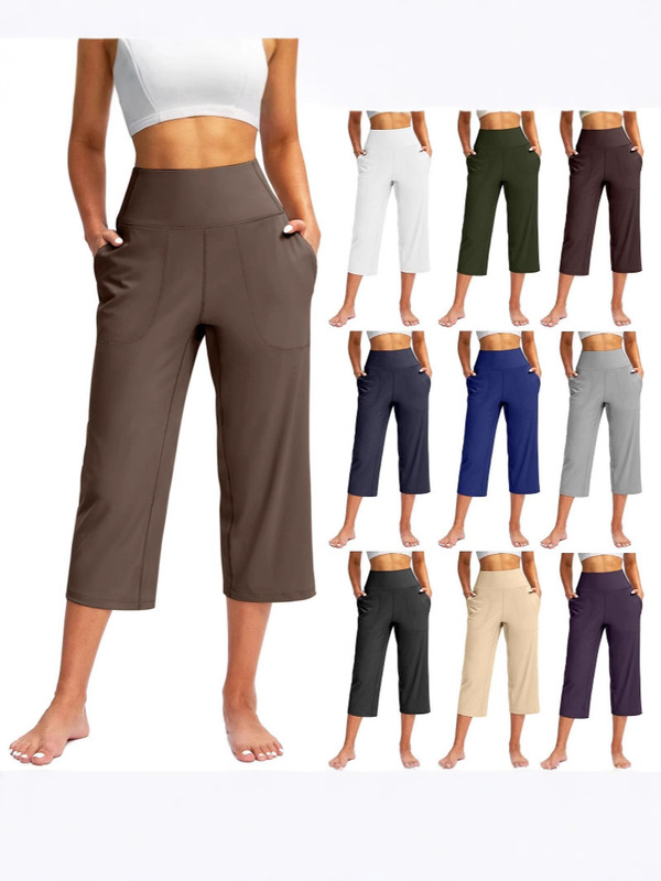 2025 Cross-Border European and American New Women's Solid Color Wide-Leg Cropped Pants with Pockets, Tummy Control, High-Waisted Sports Yoga Pants for Women