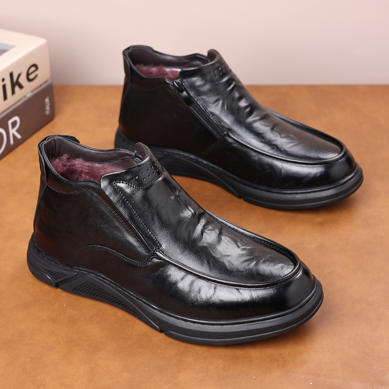 Capa de piel de vaca de invierno zapatos de algodón de hombre de piel de lana caliente zapatos de cuero de mediana edad papá botas de lana zapatos de hombre