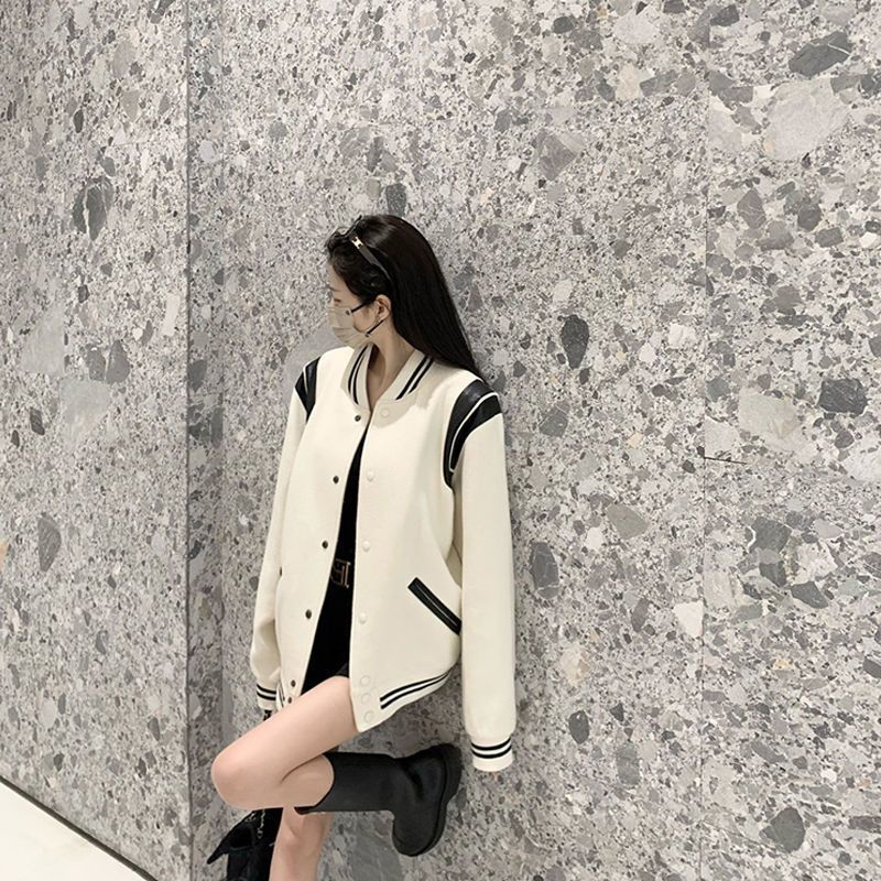 厚みのあるベルベットのコントラストカラーステッチ野球ジャケット女性の秋と冬のルーズスリムカジュアル長袖ジャケット薄いトップ|undefined
