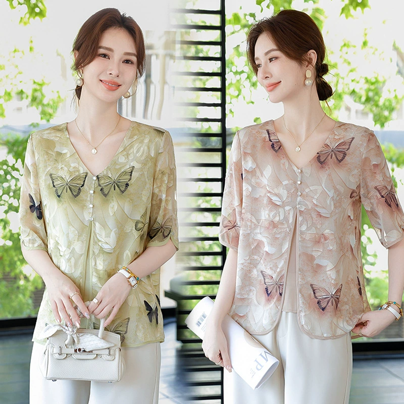 Летняя рубашка с короткими рукавами в национальном стиле для мамы, новинка 2025 года, модные топы больших размеров для женщин среднего и пожилого возраста и стильные рубашки