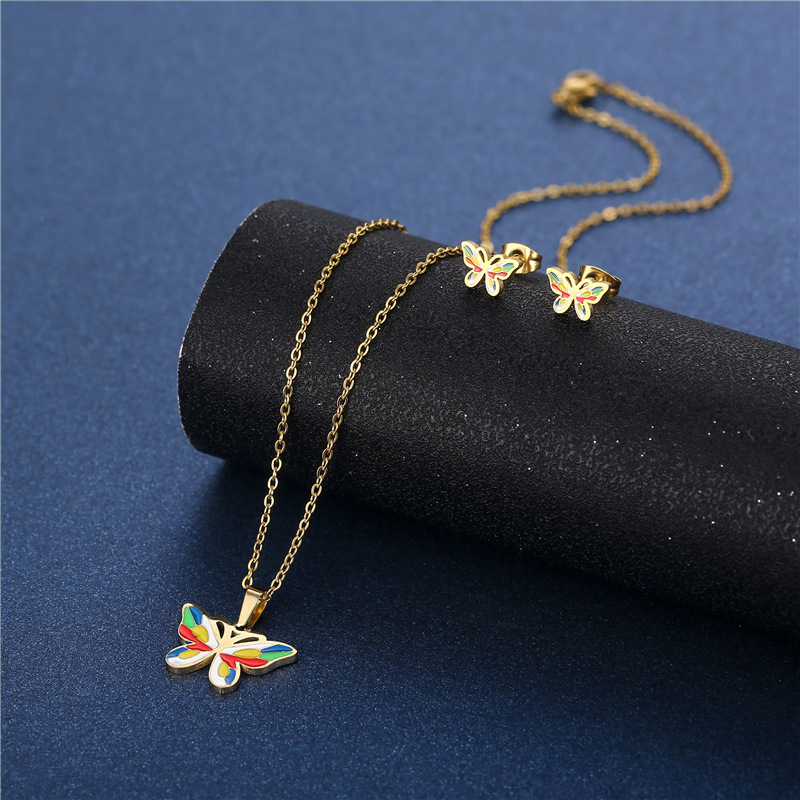 bunte Glasur tropfende Farbe Schmetterling Halskette Ohrringe Set Edelstahl dreiteiliges Setpicture3