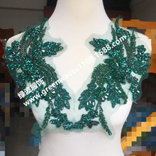 孔绿闪亮玻璃钻对称大花纯手工手缝钉珠花服装辅料礼服外套装饰钻