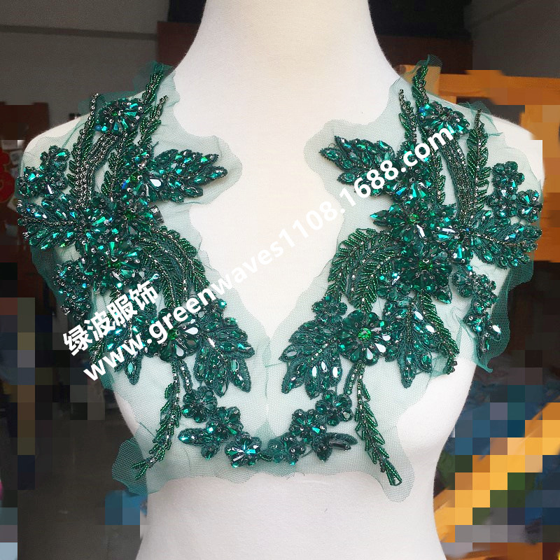 孔绿闪亮玻璃钻对称大花纯手工手缝钉珠花服装辅料礼服外套装饰钻