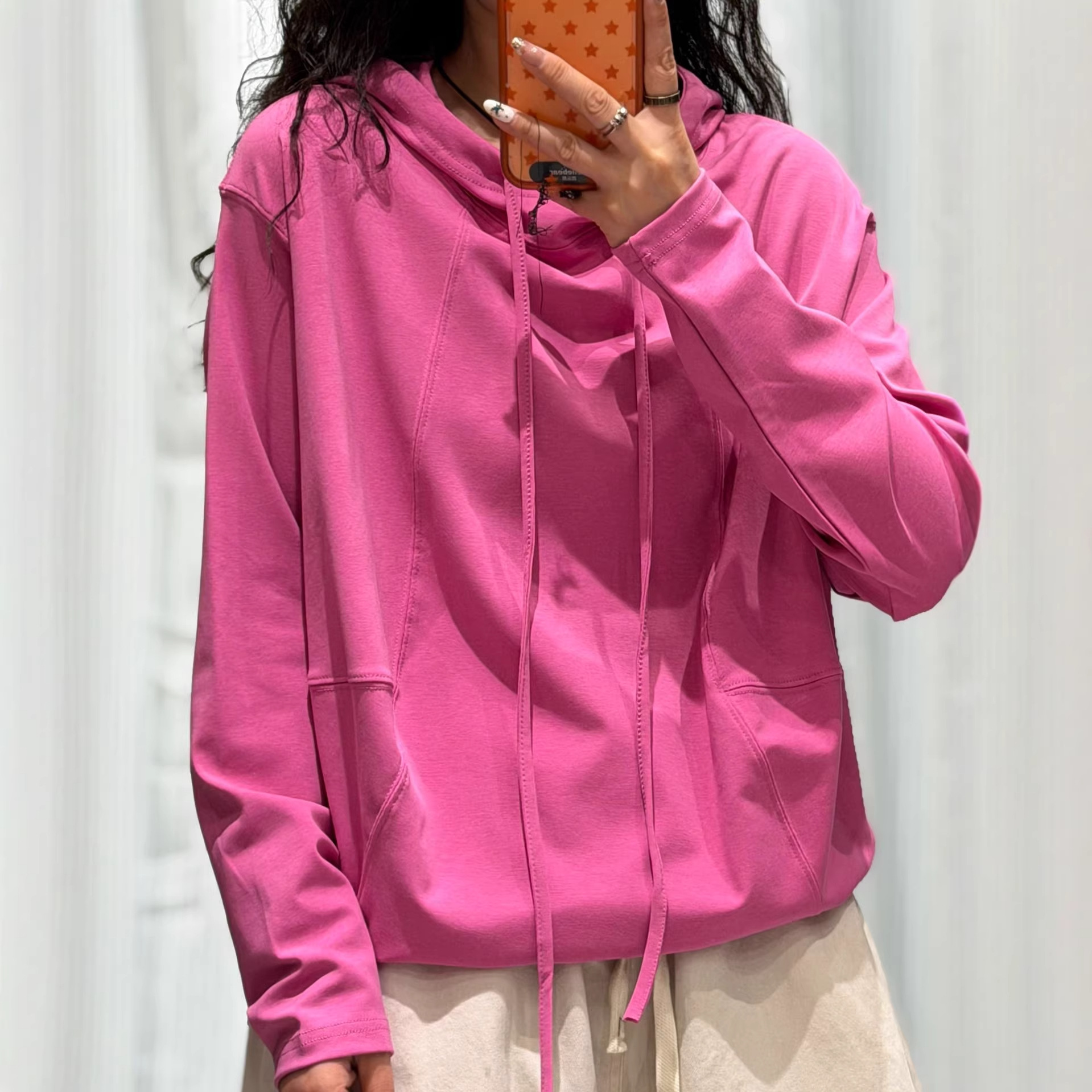 2026春季 韩版宽松时尚减龄拼接连帽套头T恤百搭休闲帽衫女5823